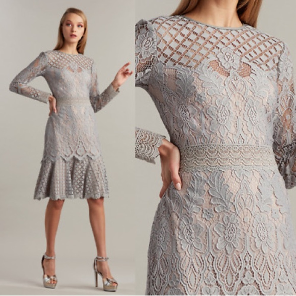 CREWNECK LONG-SLEEVE TIERED LACE A-LINE DRESS IN NAVY/PETAL